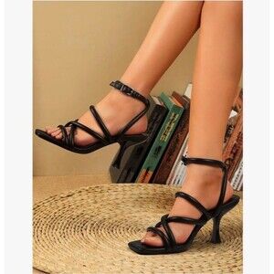 Carcuume Women's Square Toe Strappy Lace Up Heeled Sandals Size 8 Black